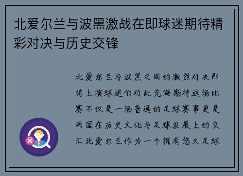 北爱尔兰与波黑激战在即球迷期待精彩对决与历史交锋